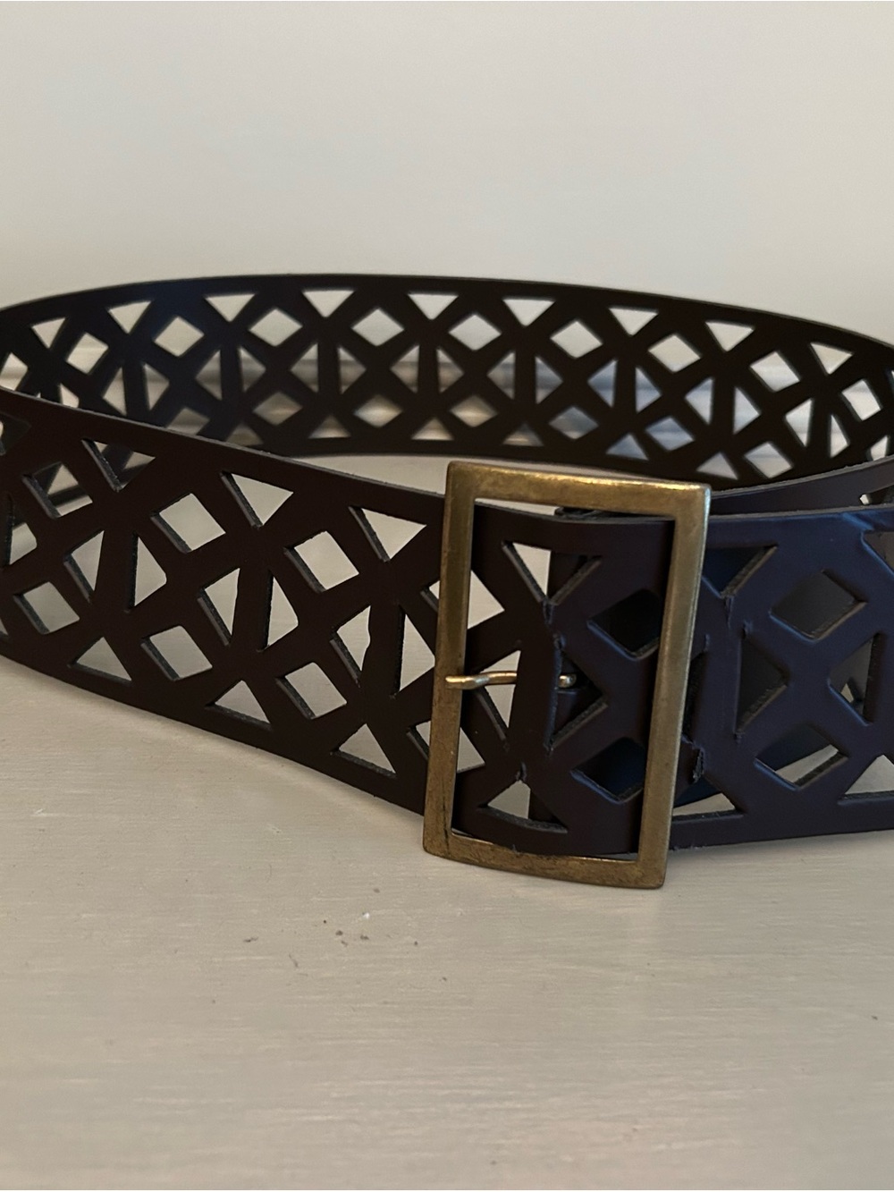 Dark Brown Laser-Cut Leather Accent Belt with Antique Brass Buckle